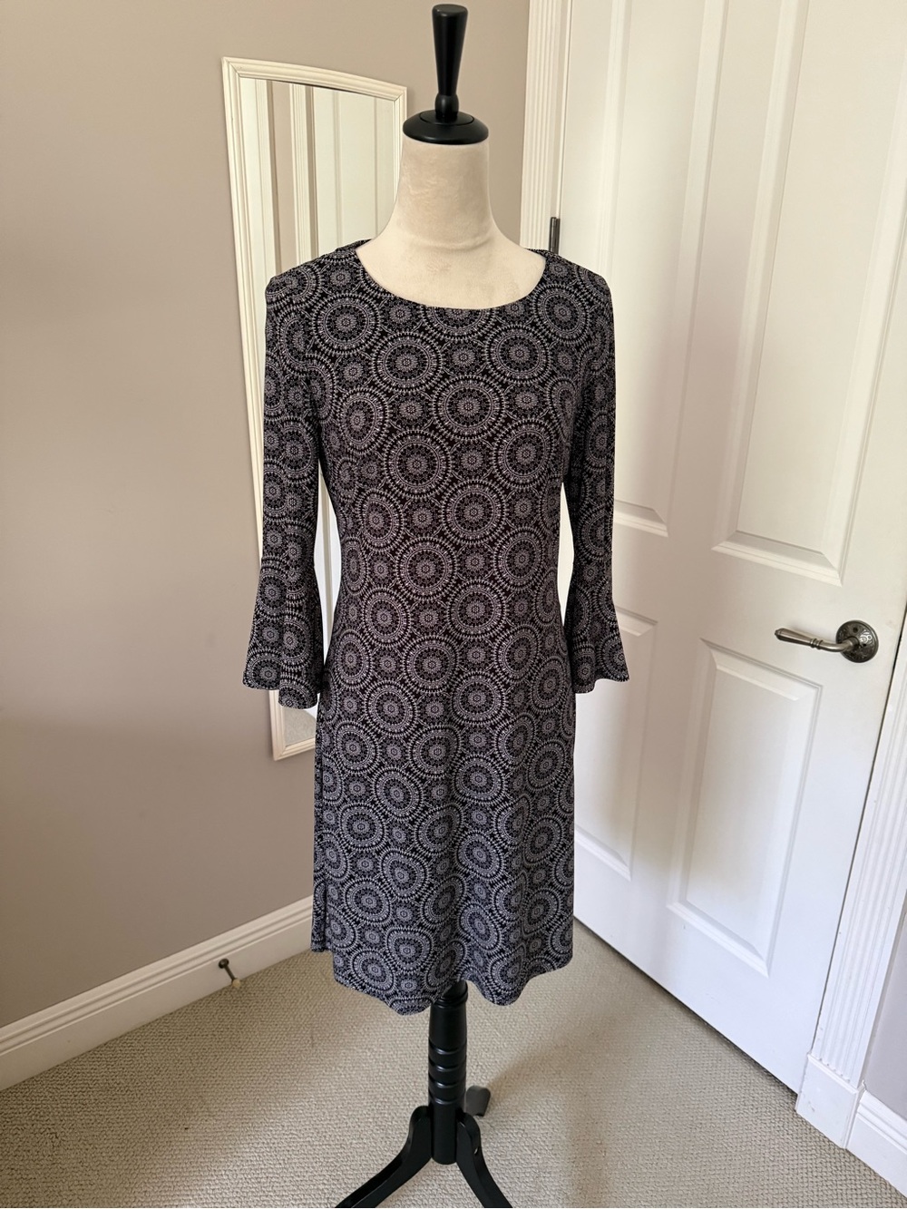 Tommy Hilfiger Black and Gray Medallion Long-Sleeve Fit-and-Flare Dress